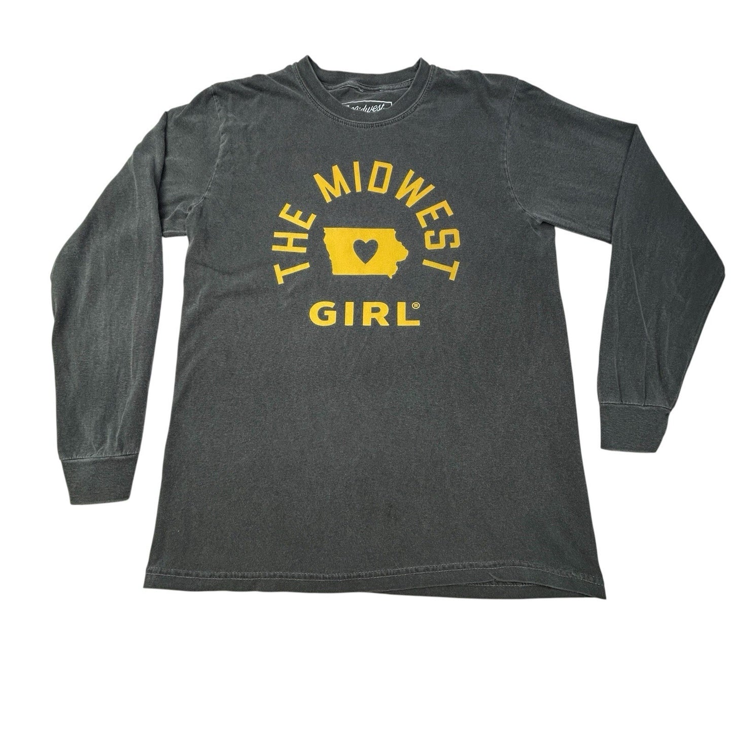 The Midwest Girl Iowa Long Sleeve Graphic T Shirt Charcoal Gray Women’s Small