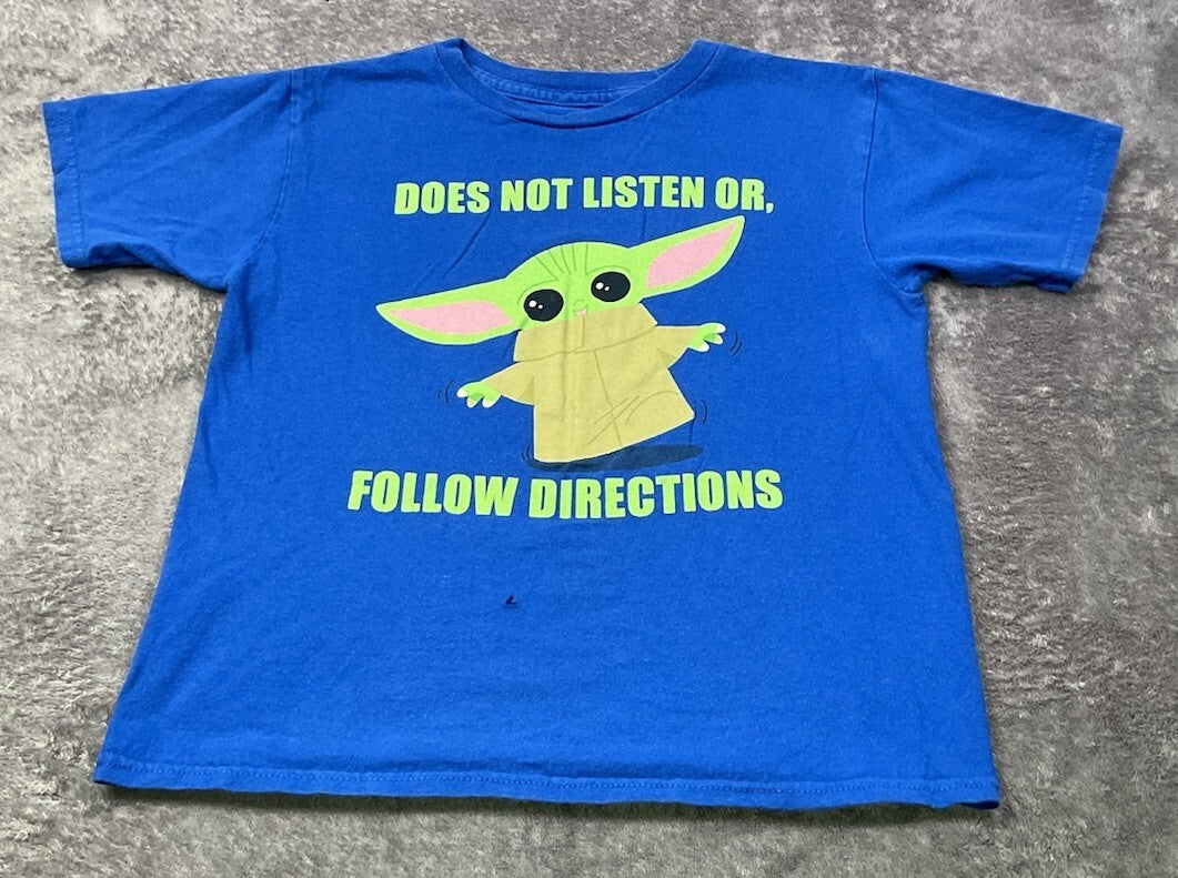Star Wars Grogu Baby Yoda Tee Does Not Listen Follow Directions Blue Boys 6/7