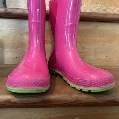 Kids Pink Green Rubber Rain Boots Size 13/1 Waterproof Made in Canada