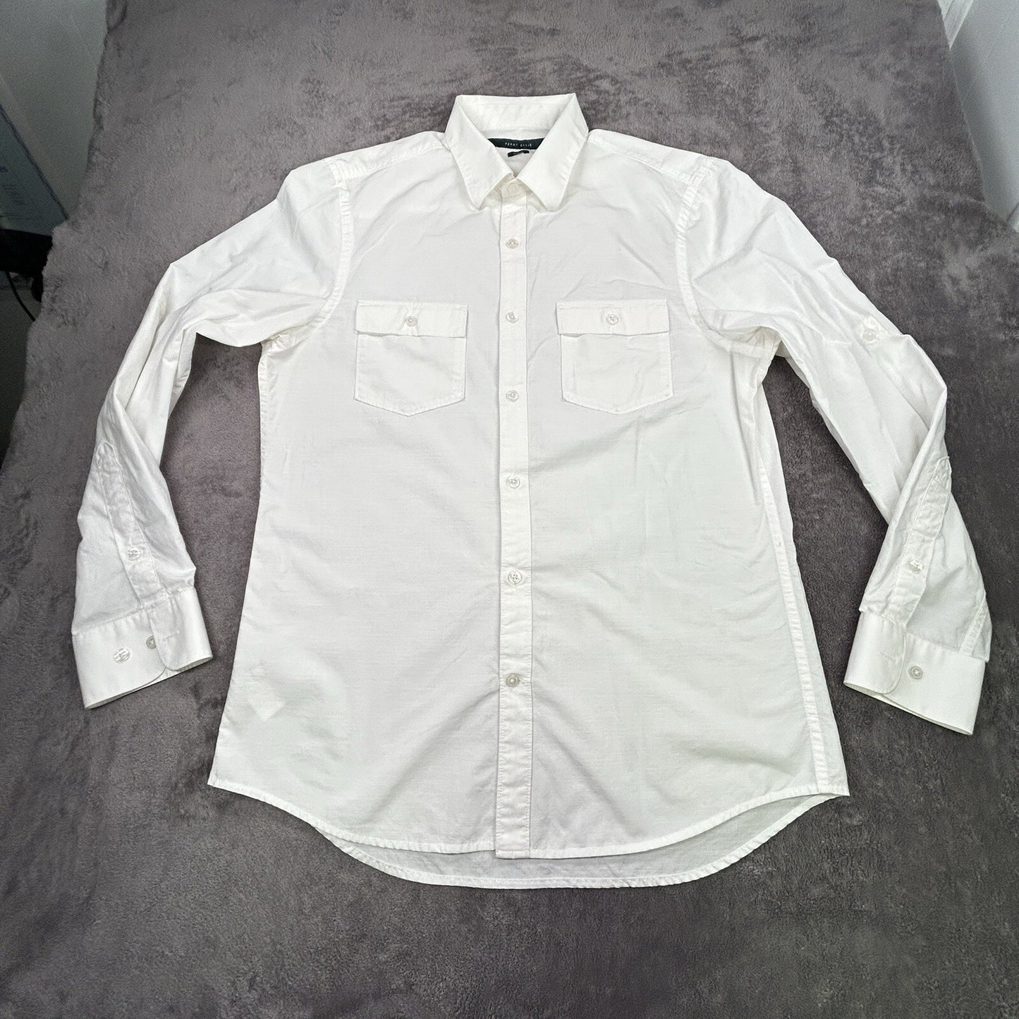 Perry Ellis Men’s White Button Down Shirt M Slim Fit 100% Cotton Roll Tab Sleeve