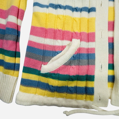 Women's Hooded Cable Knit Cardigan Sweater Pastel Stripe Button Front Pockets