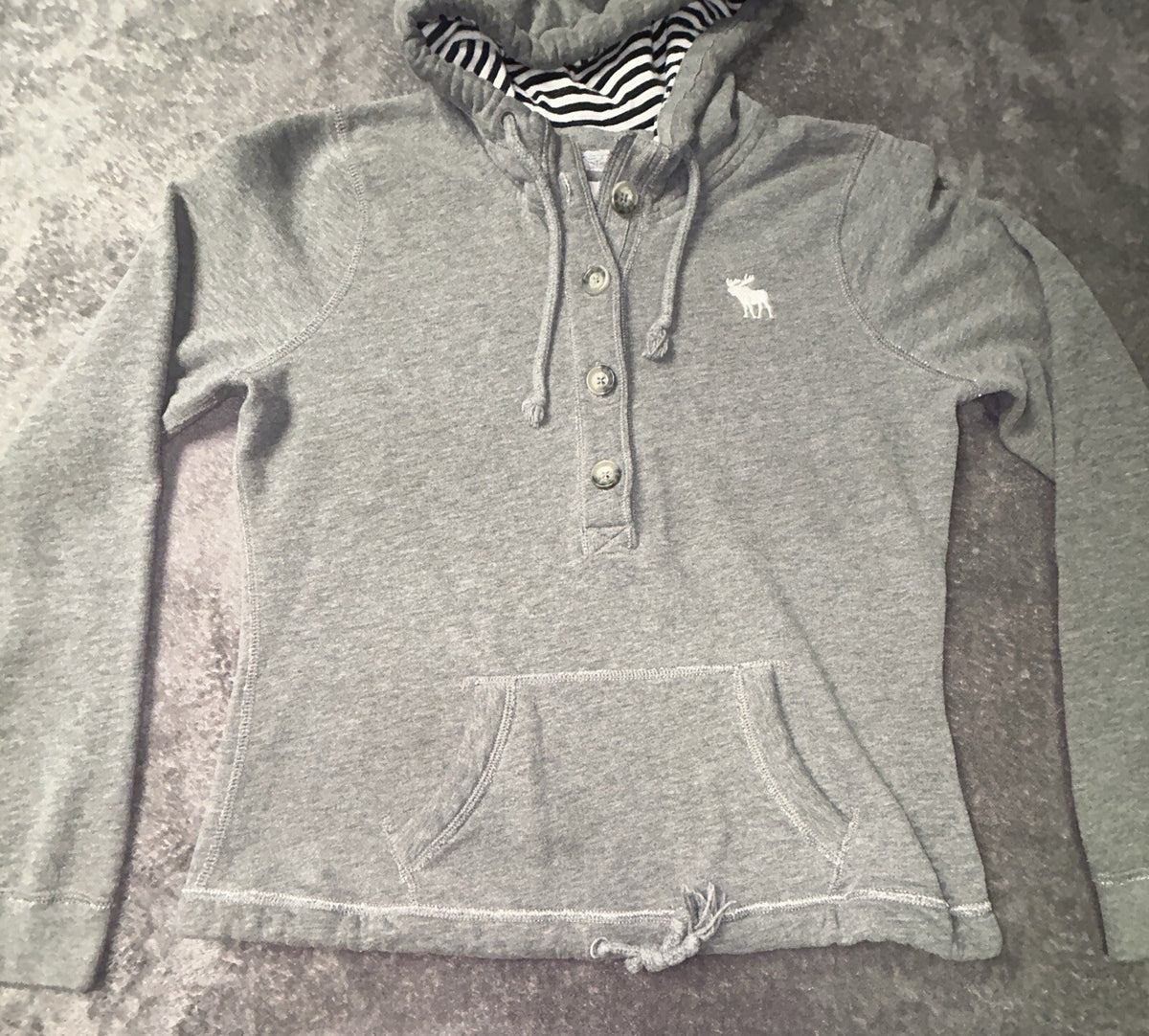 Abercrombie & Fitch Hoodie Women’s L Gray Henley Moose Striped Hood Y2K
