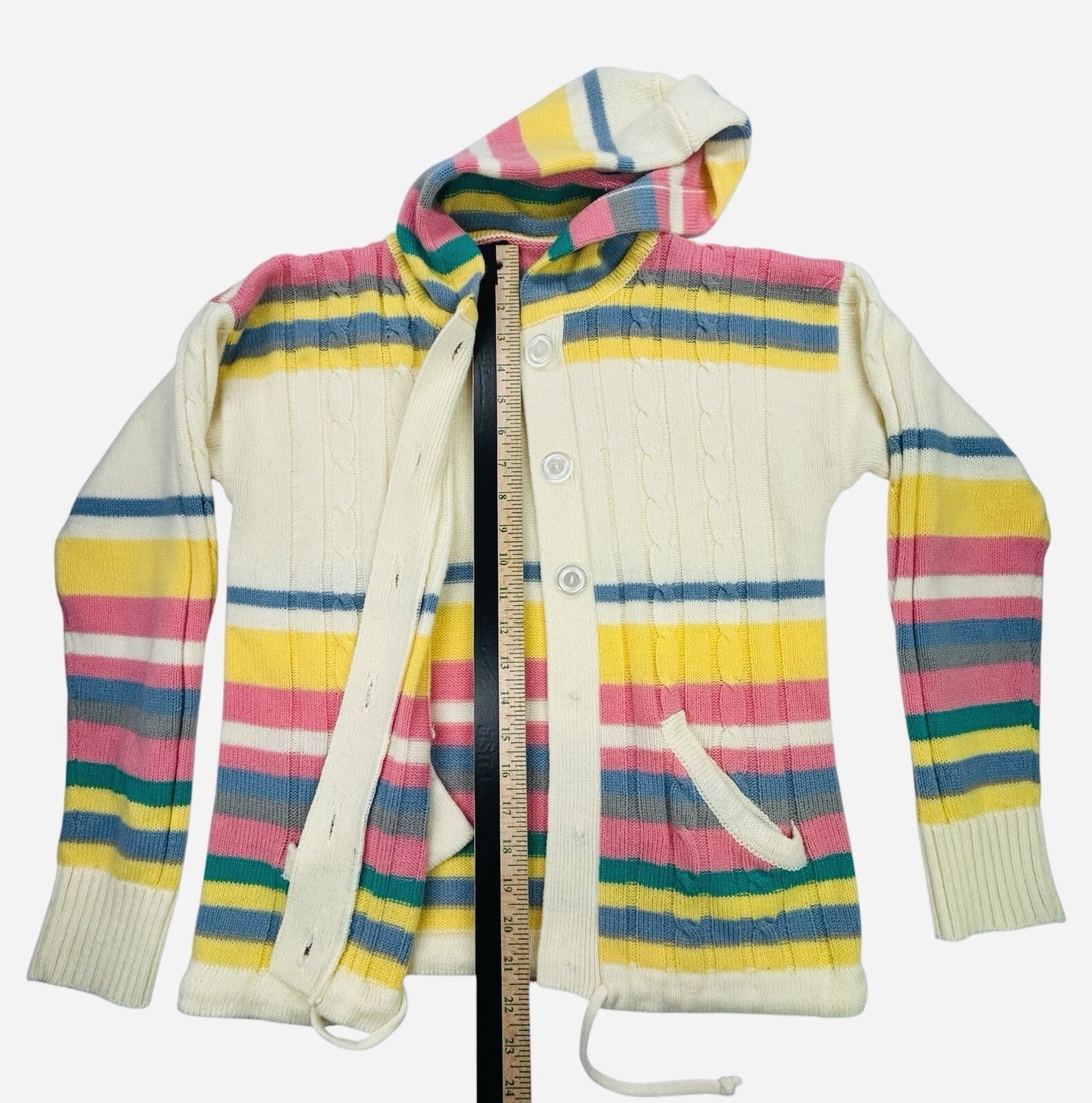 Women's Hooded Cable Knit Cardigan Sweater Pastel Stripe Button Front Pockets