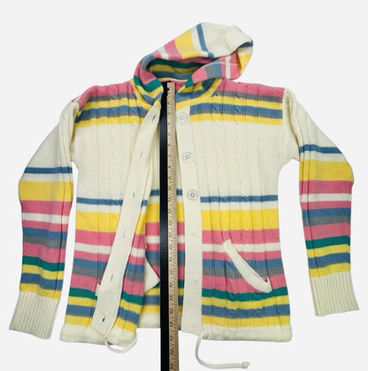 Women's Hooded Cable Knit Cardigan Sweater Pastel Stripe Button Front Pockets