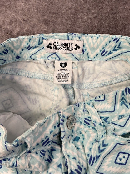 Celebrity Pink Girls Shorts Size 10 Blue Aztec Print Stretch Denim Shorts