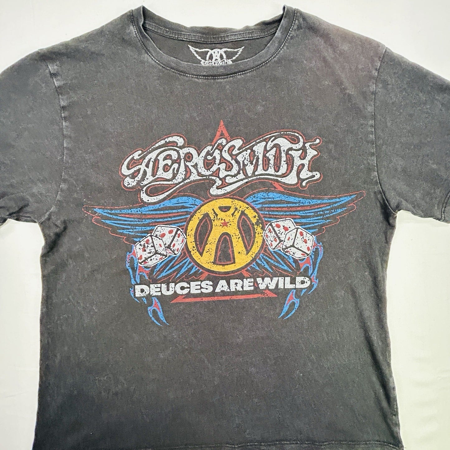 Aerosmith Deuces Are Wild Graphic Band T Shirt Mens XS Black Distressed Rock Tee