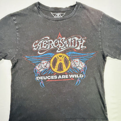 Aerosmith Deuces Are Wild Graphic Band T Shirt Mens XS Black Distressed Rock Tee