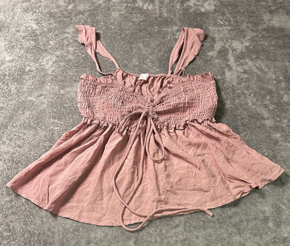 Pink Lily Women’s Small Dusty Rose Smocked Babydoll Cami Top Ruched Drawstring