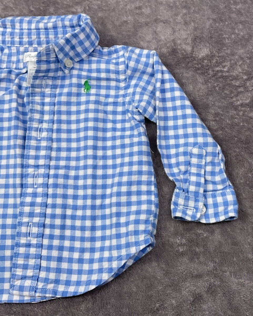 Ralph Lauren Baby Boys 3M Blue White Gingham Button Down Shirt Pony Logo 100% Co