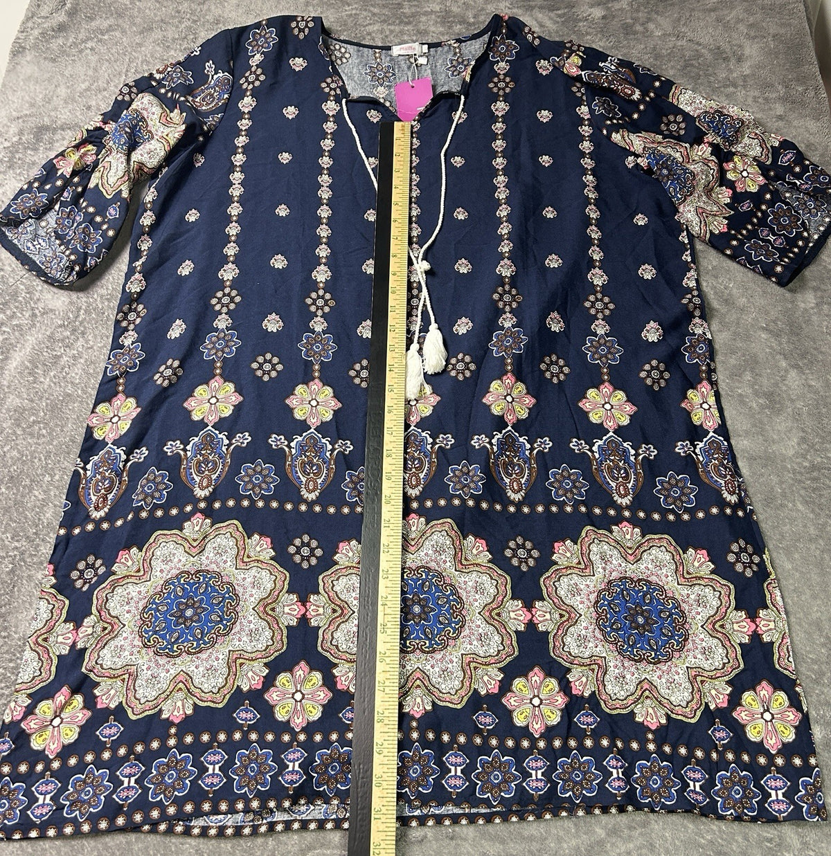 Halife Women’s XL Navy Boho Medallion Print Tunic Dress NWT 3/4 Sleeve