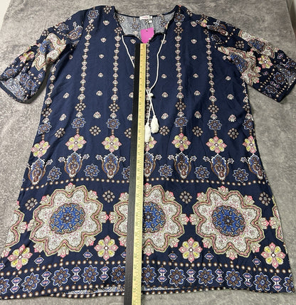 Halife Women’s XL Navy Boho Medallion Print Tunic Dress NWT 3/4 Sleeve