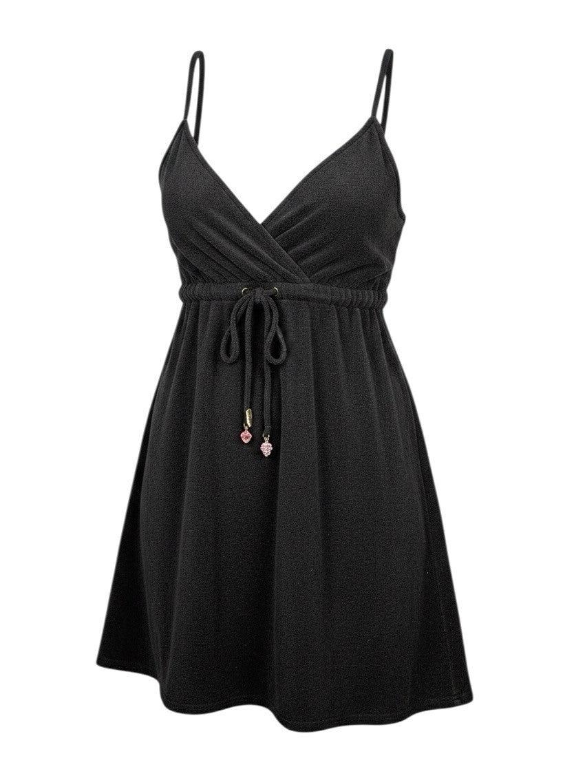 Womens Black Terry Cloth Swim Cover Up Dress Spaghetti Strap Fruit Charms