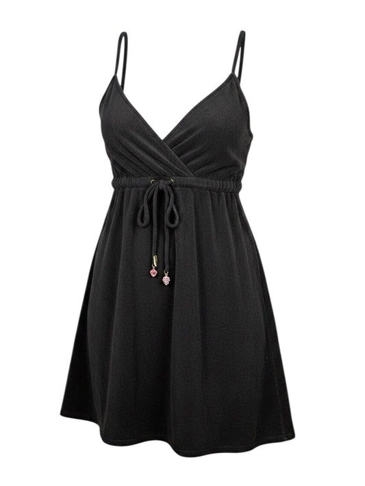 Womens Black Terry Cloth Swim Cover Up Dress Spaghetti Strap Fruit Charms