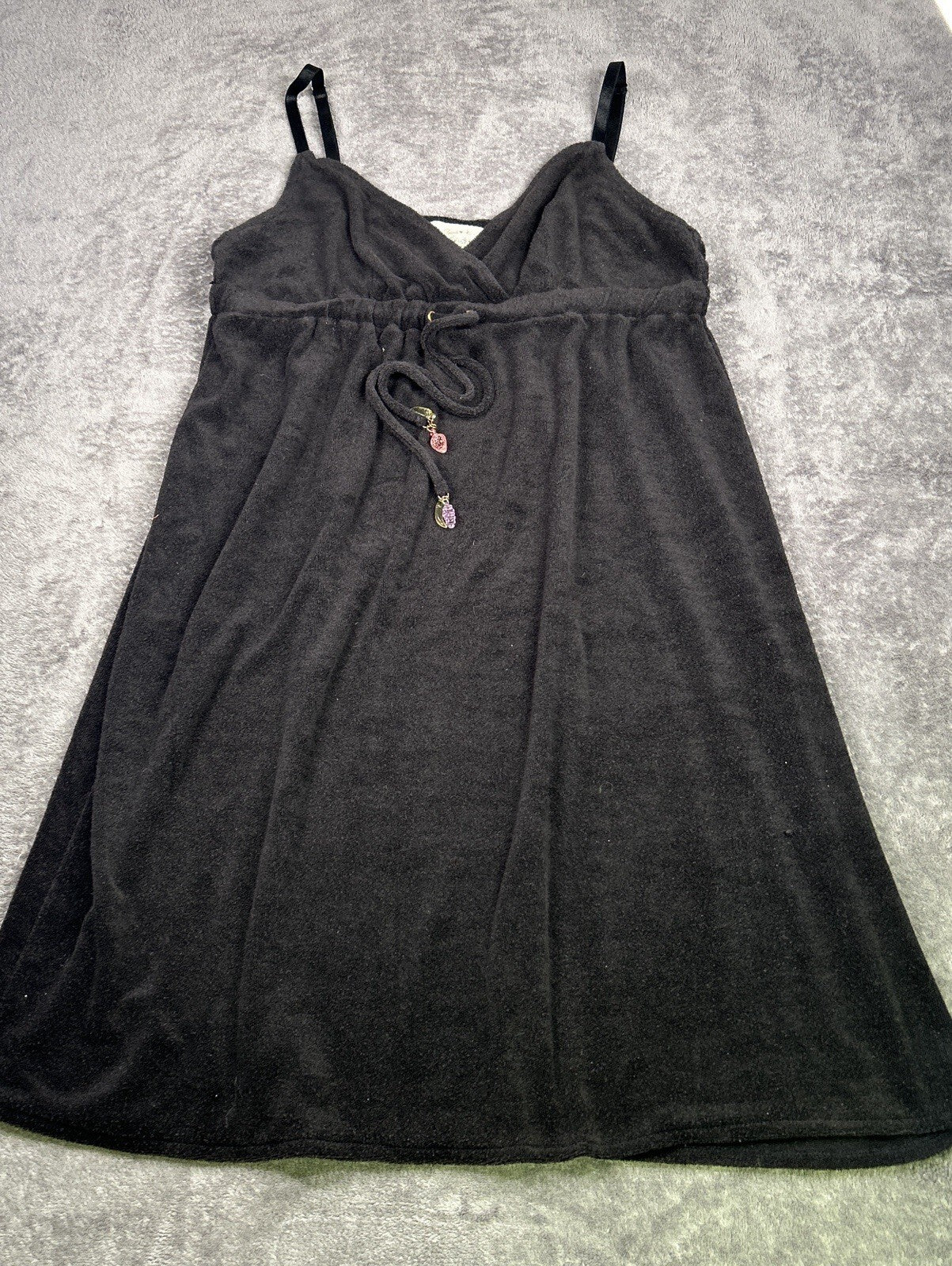 Womens Black Terry Cloth Swim Cover Up Dress Spaghetti Strap Fruit Charms