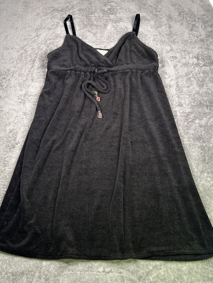 Womens Black Terry Cloth Swim Cover Up Dress Spaghetti Strap Fruit Charms