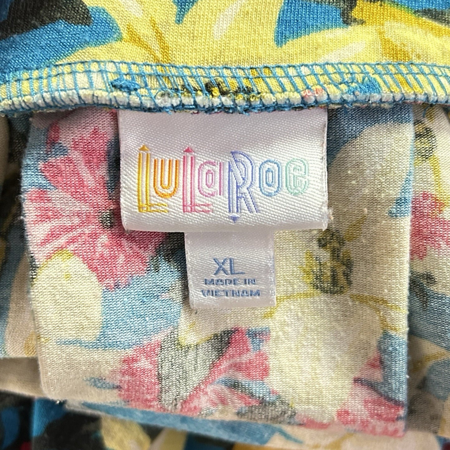 LuLaRoe XL Floral A-Line Skirt Blue Yellow Pink Pull On Stretch Midi Women's
