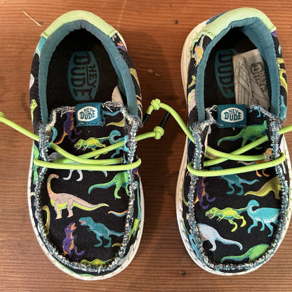 Hey Dude Wally Toddler C8 Dinosaur Shoes Black Multicolor Green Bungee Lace