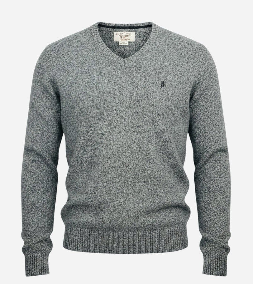 Original Penguin 100% Lambswool Gray V-Neck Sweater Men's Large Logo Soft