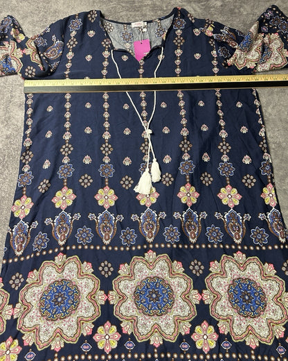 Halife Women’s XL Navy Boho Medallion Print Tunic Dress NWT 3/4 Sleeve