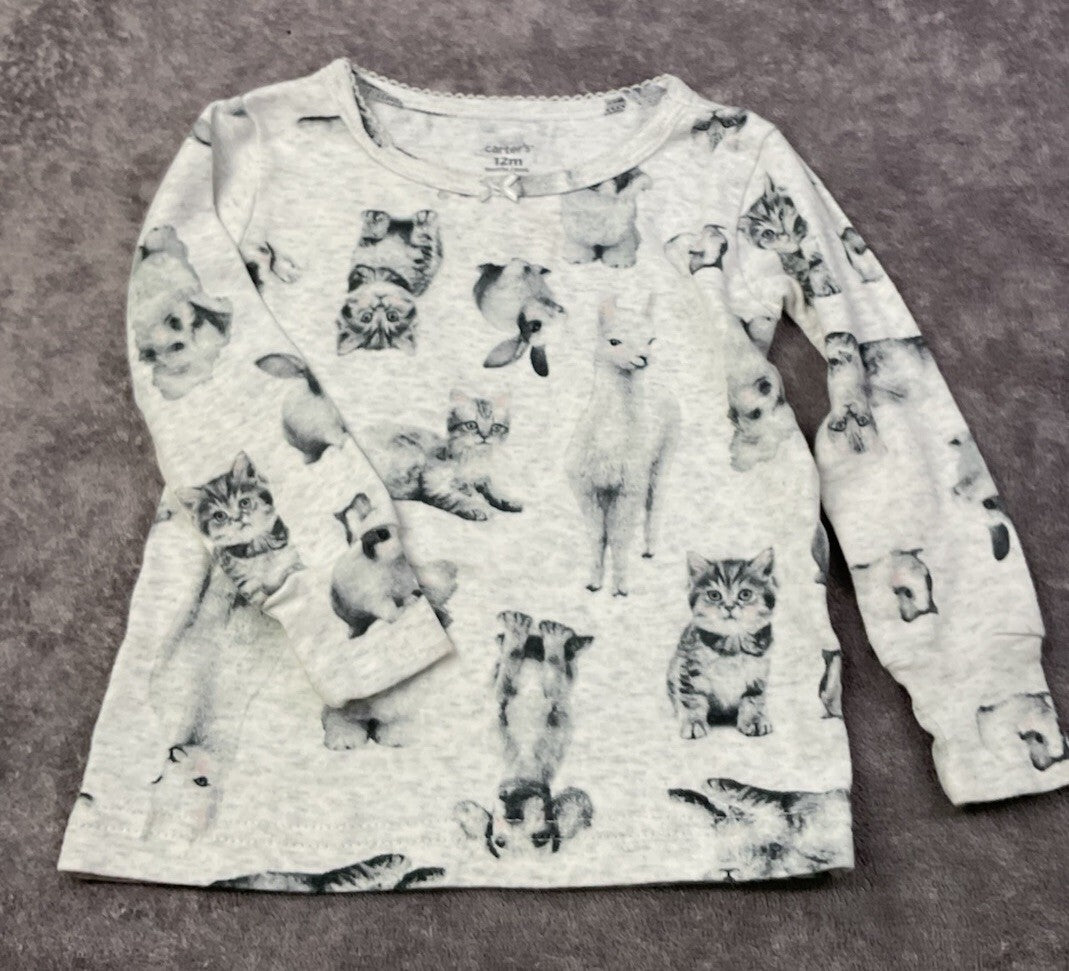 Carter's Girls 12M Gray Animal Print Long Sleeve Shirt Kittens Puppies Bunnies