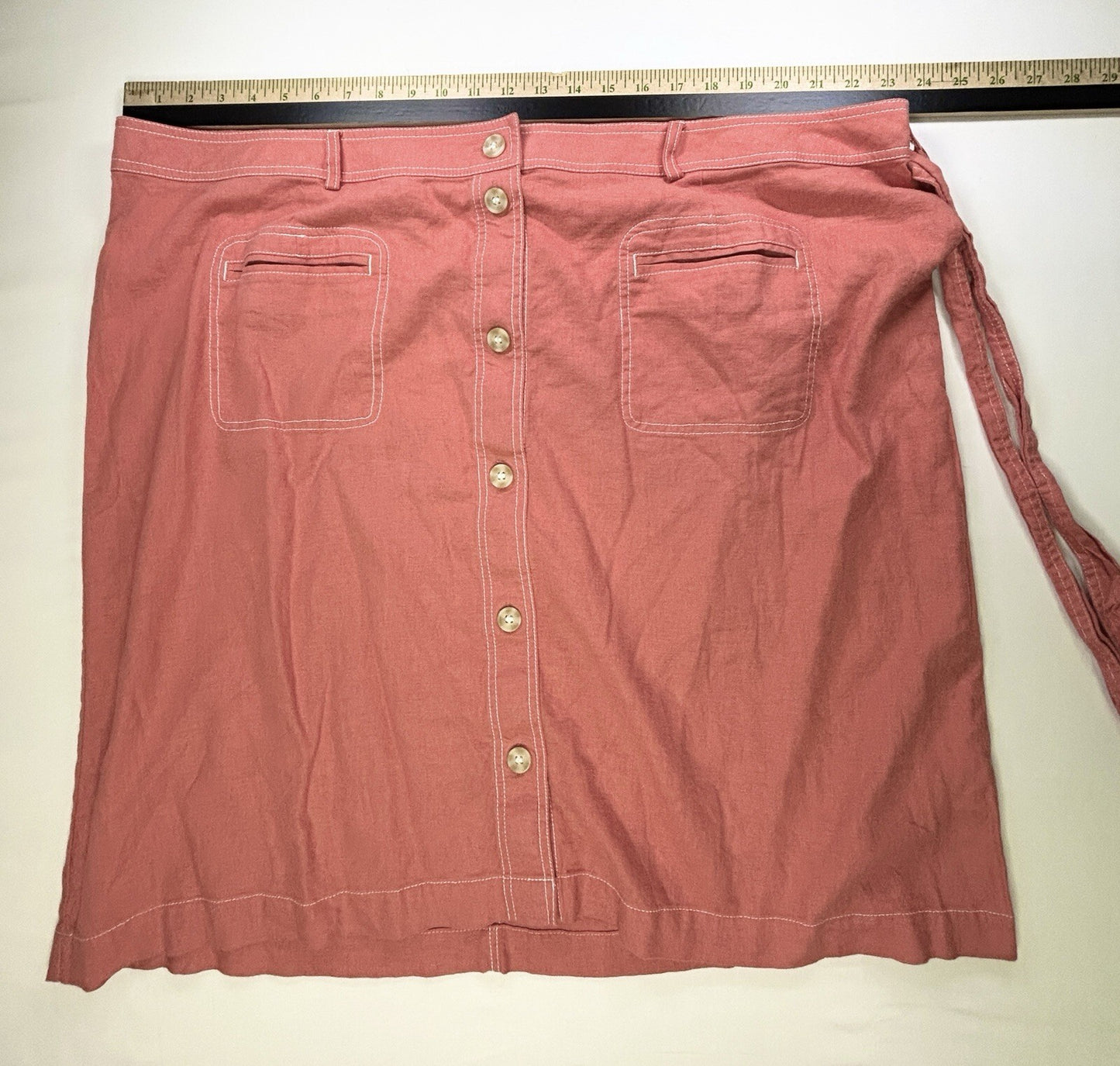 CJ Banks Women's 2X Coral Linen Blend Button Front Midi Skirt Belted Plus Size