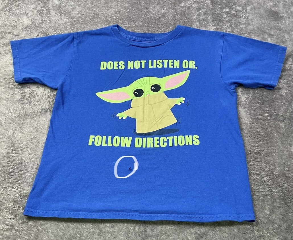 Star Wars Grogu Baby Yoda Tee Does Not Listen Follow Directions Blue Boys 6/7