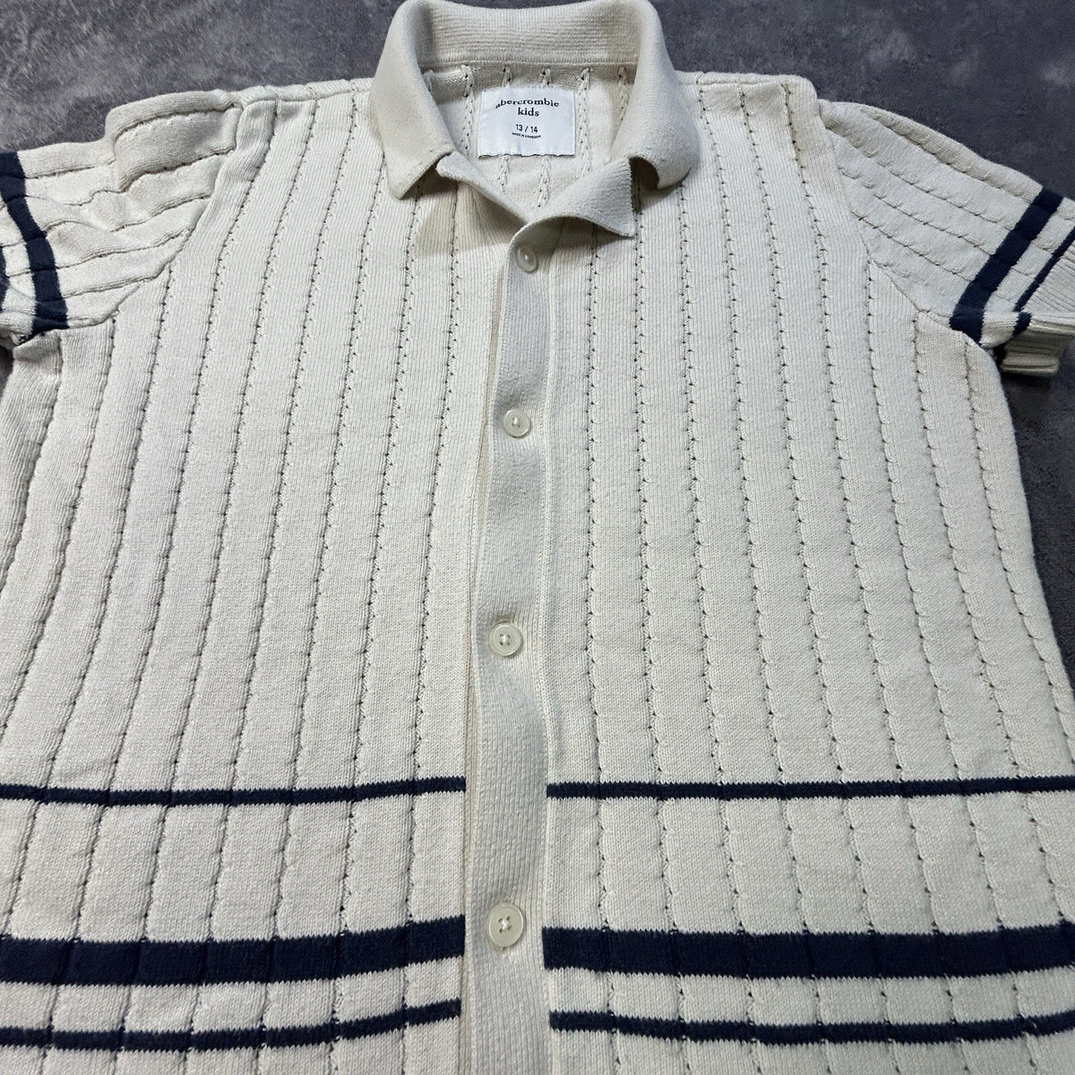 Abercrombie Kids Short Sleeve Striped Knit Polo Cream 13/14