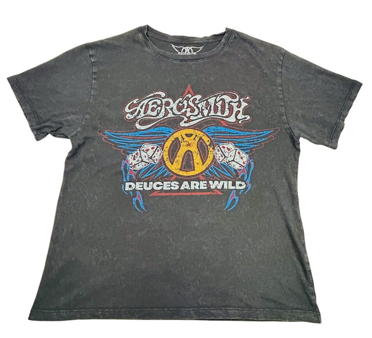 Aerosmith Deuces Are Wild Graphic Band T Shirt Mens XS Black Distressed Rock Tee
