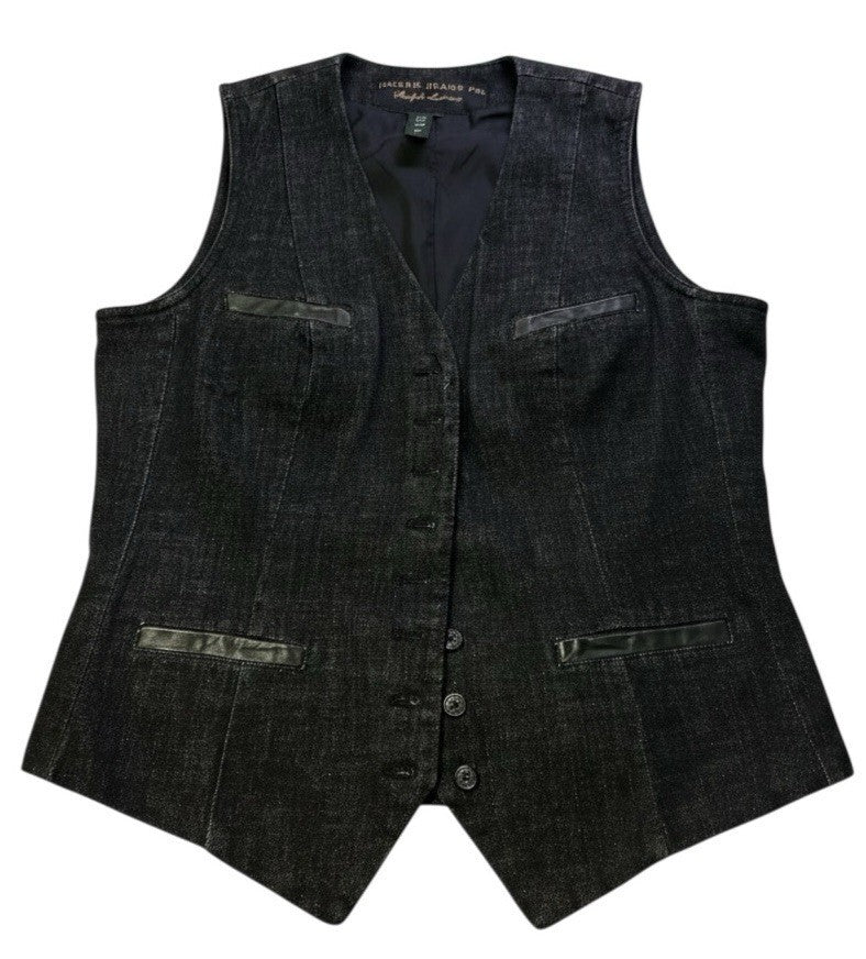 Ralph Lauren Jeans Co. Denim Vest Womens Medium Black Button Front Leather Trim