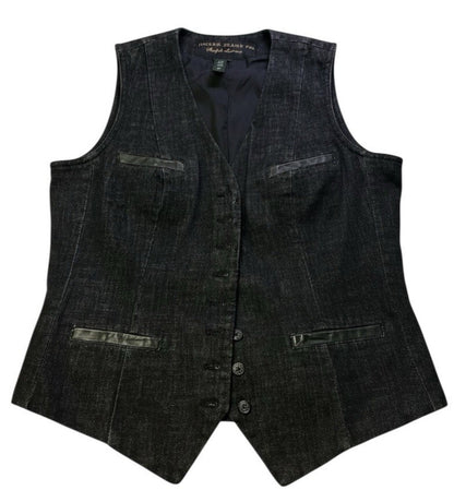 Ralph Lauren Jeans Co. Denim Vest Womens Medium Black Button Front Leather Trim