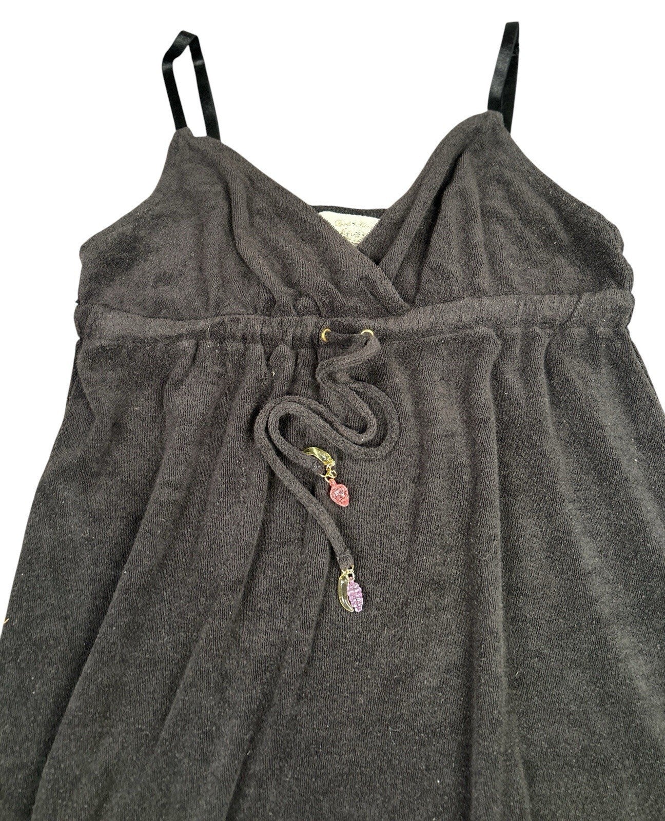 Womens Black Terry Cloth Swim Cover Up Dress Spaghetti Strap Fruit Charms