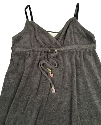 Womens Black Terry Cloth Swim Cover Up Dress Spaghetti Strap Fruit Charms