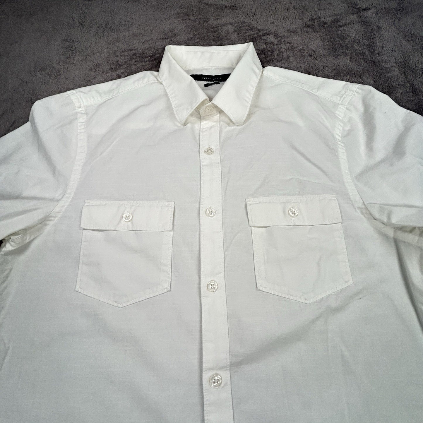 Perry Ellis Men’s White Button Down Shirt M Slim Fit 100% Cotton Roll Tab Sleeve