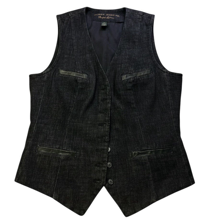 Ralph Lauren Jeans Co. Denim Vest Womens Medium Black Button Front Leather Trim