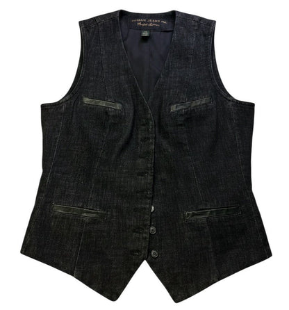 Ralph Lauren Jeans Co. Denim Vest Womens Medium Black Button Front Leather Trim