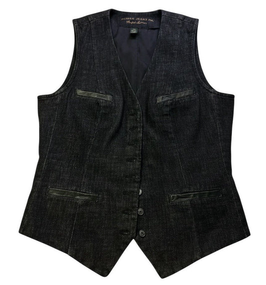 Ralph Lauren Jeans Co. Denim Vest Womens Medium Black Button Front Leather Trim