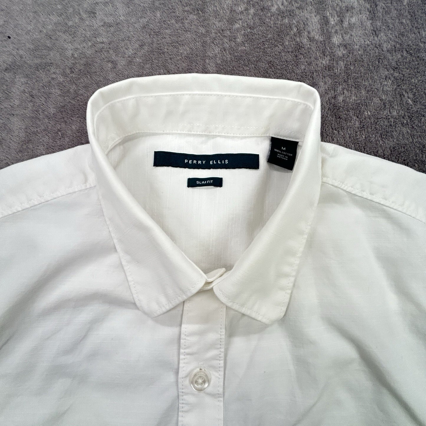 Perry Ellis Men’s White Button Down Shirt M Slim Fit 100% Cotton Roll Tab Sleeve