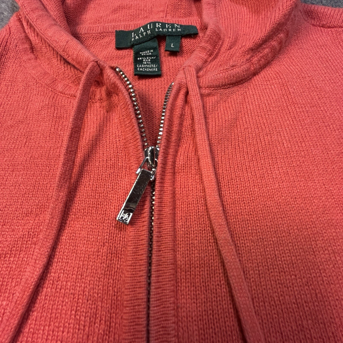 Lauren Ralph Lauren Silk Cashmere Hoodie Women L Full Zip Sweater Coral Orange