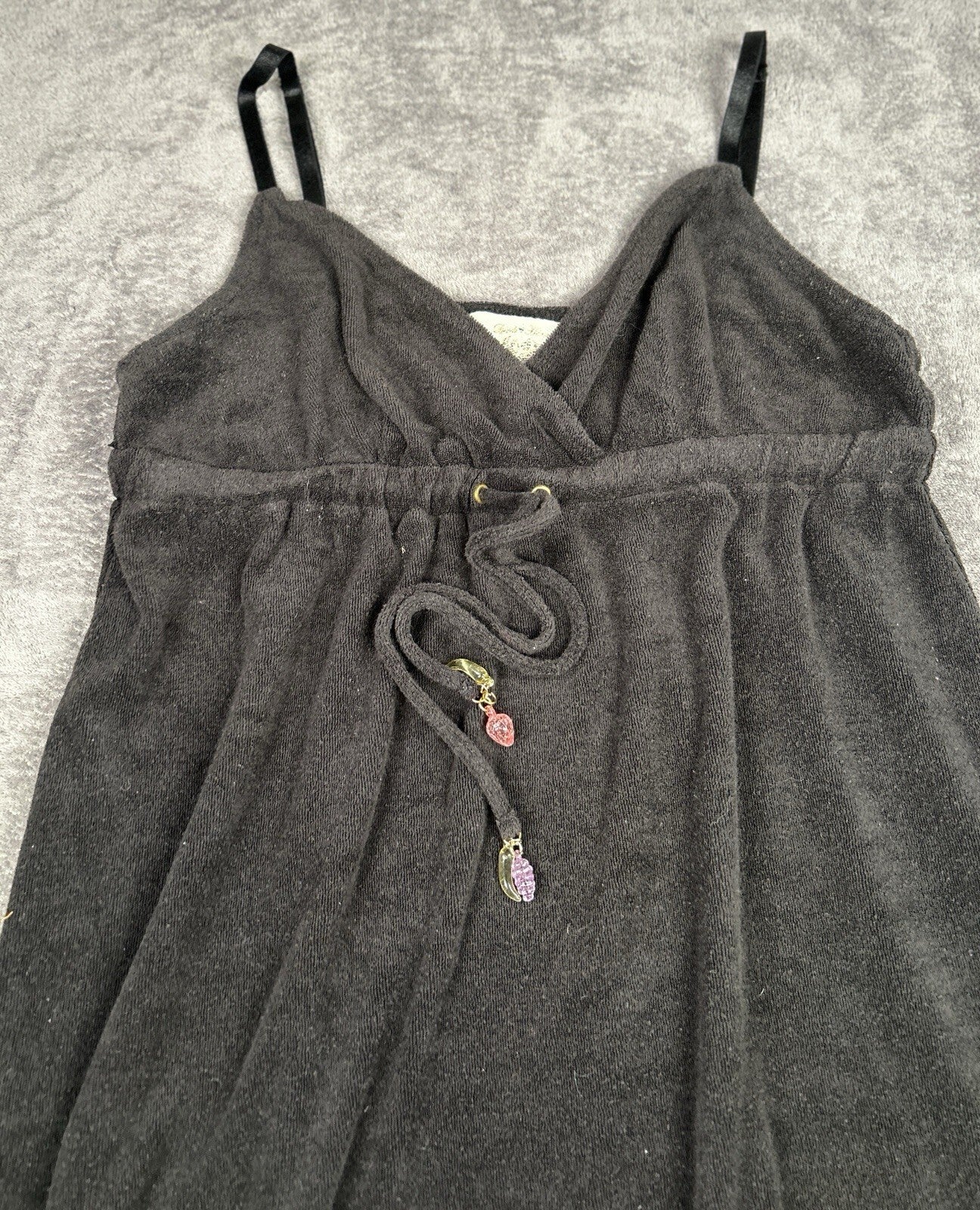 Womens Black Terry Cloth Swim Cover Up Dress Spaghetti Strap Fruit Charms