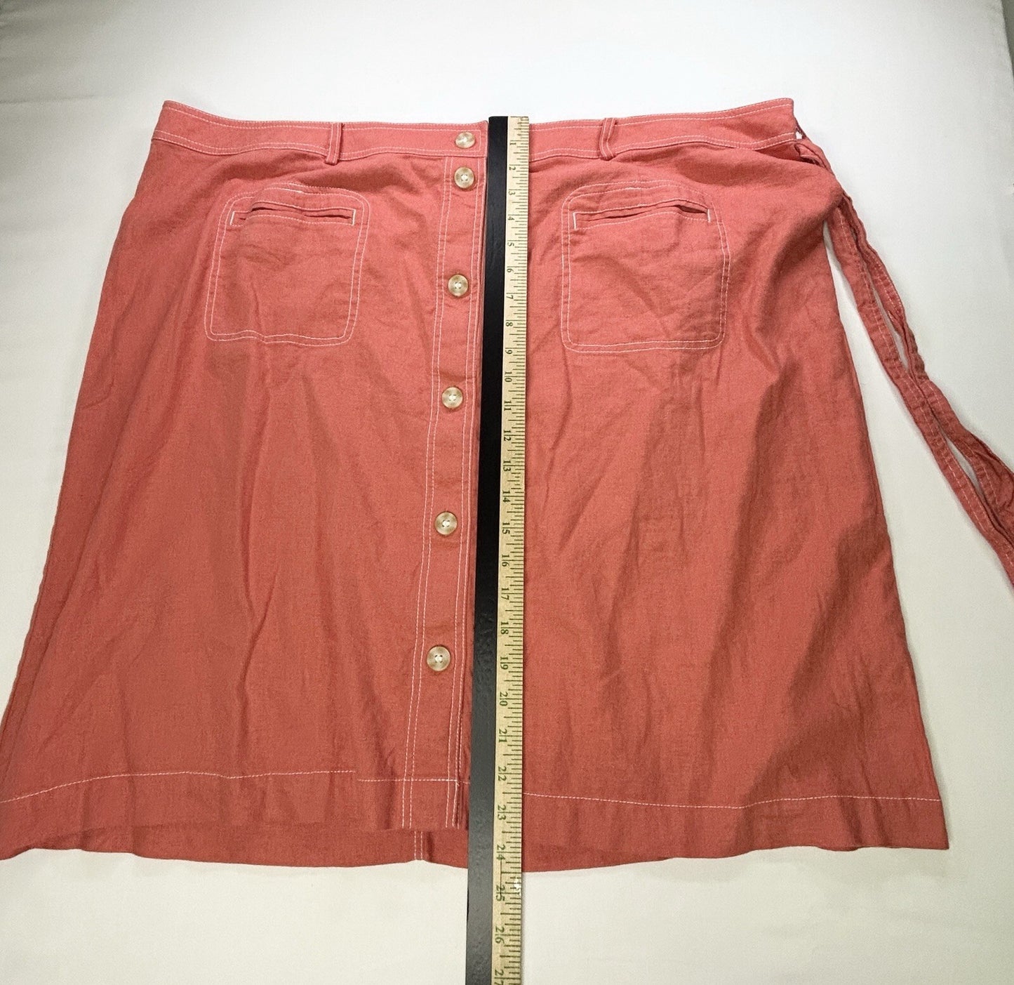 CJ Banks Women's 2X Coral Linen Blend Button Front Midi Skirt Belted Plus Size