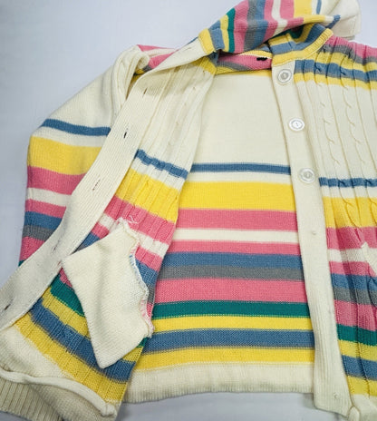 Women's Hooded Cable Knit Cardigan Sweater Pastel Stripe Button Front Pockets