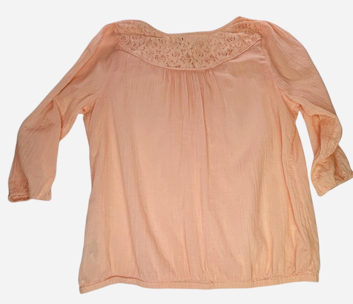 Mudd Womens Large Peach Boho Peasant Blouse Lace 3/4 Sleeve Cotton Top