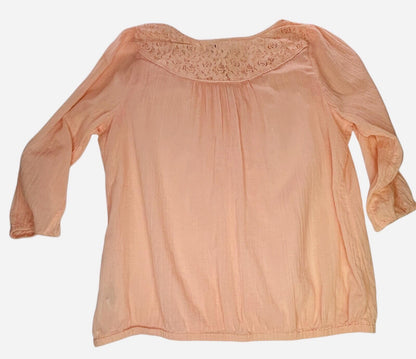 Mudd Womens Large Peach Boho Peasant Blouse Lace 3/4 Sleeve Cotton Top