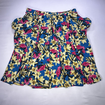 LuLaRoe XL Floral A-Line Skirt Blue Yellow Pink Pull On Stretch Midi Women's