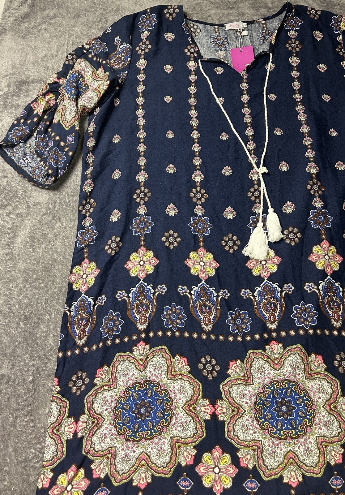 Halife Women’s XL Navy Boho Medallion Print Tunic Dress NWT 3/4 Sleeve