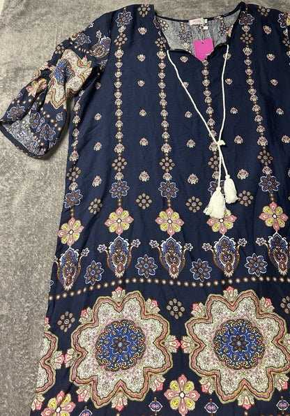 Halife Women’s XL Navy Boho Medallion Print Tunic Dress NWT 3/4 Sleeve