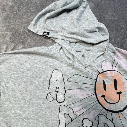 Adidas Girls XL 16 Grey Heather Smiley Face Graphic Long Sleeve Hooded Tee