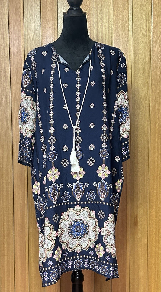 Halife Women’s XL Navy Boho Medallion Print Tunic Dress NWT 3/4 Sleeve