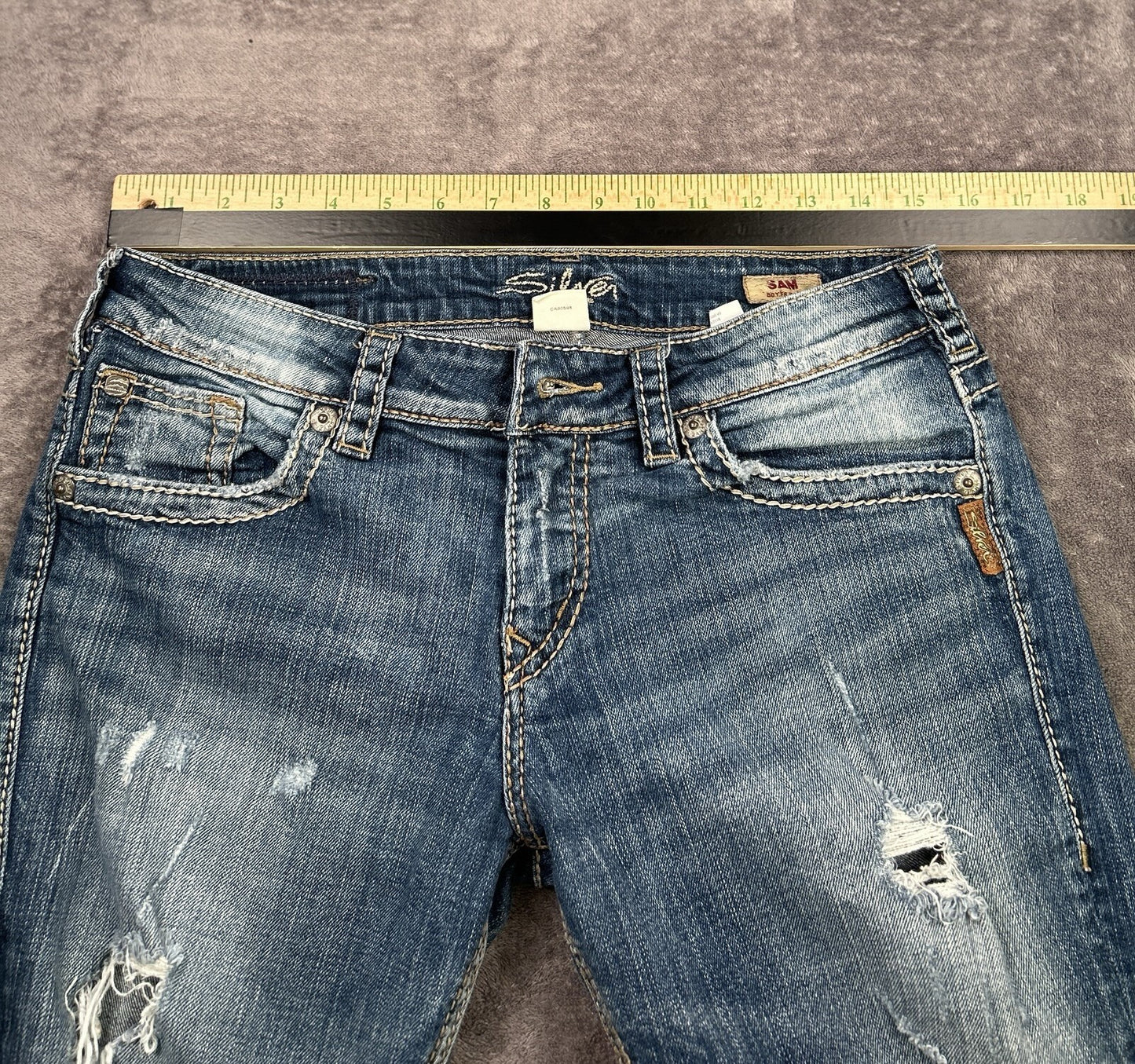 Silver Jeans Sam Womens 28 Low Rise Distressed Bootcut Jeans Medium Wash