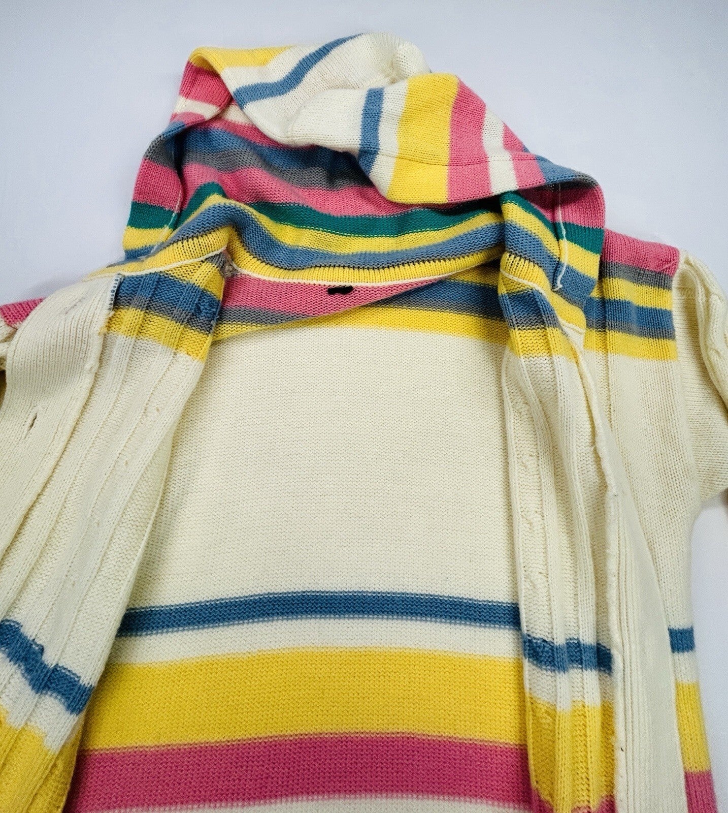 Women's Hooded Cable Knit Cardigan Sweater Pastel Stripe Button Front Pockets